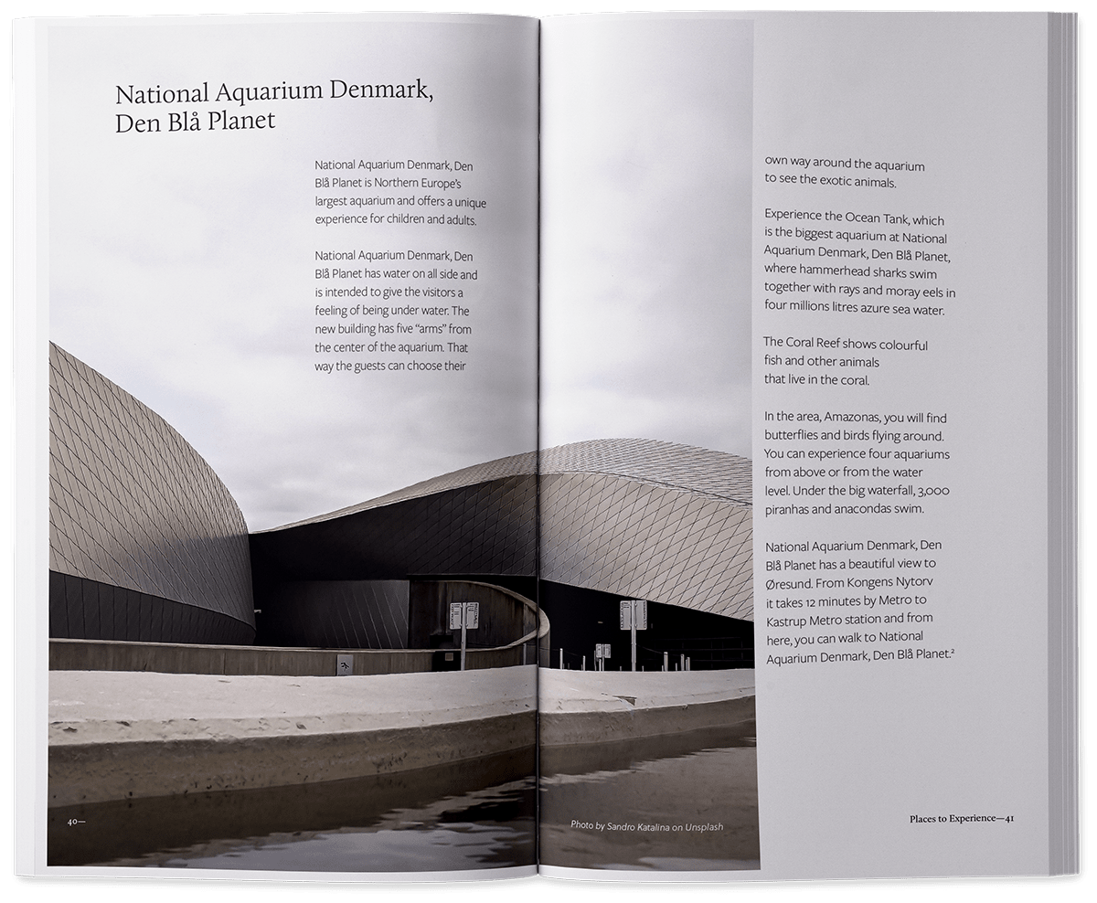 Image of booklet spread describing the National Aquarium of Denmark, Den Blå Planet