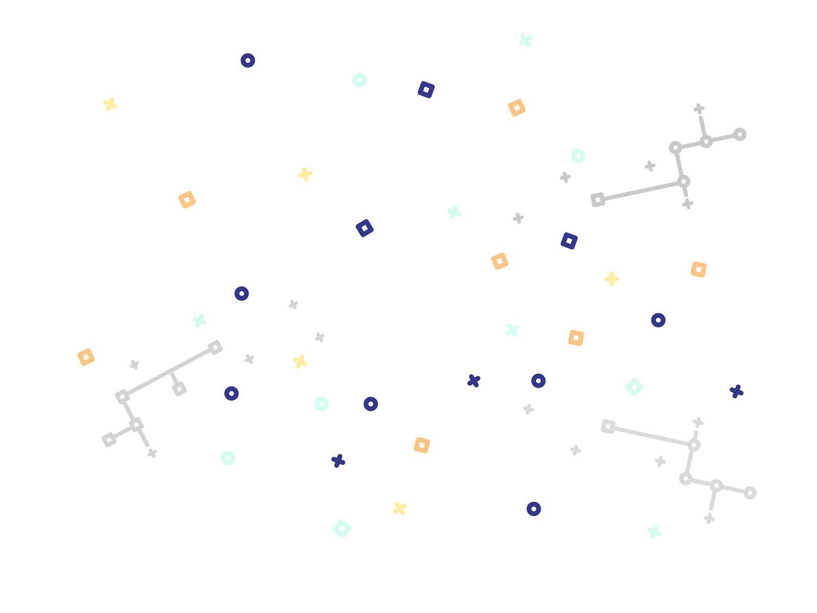 Colorful squares, circles, and crosses scattered in a random patter