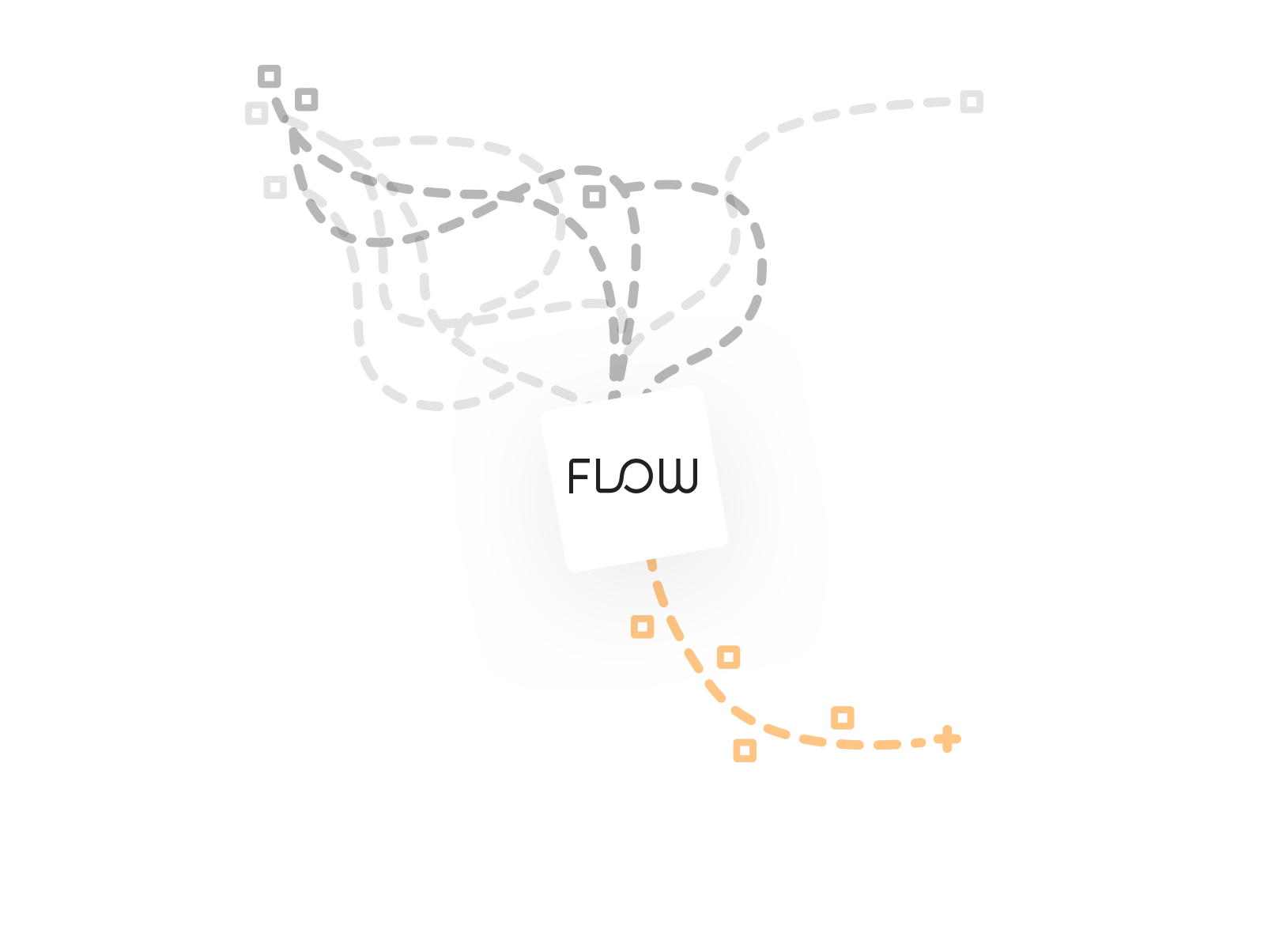 Flow logo on top of a white square with dotted lines connecting to it