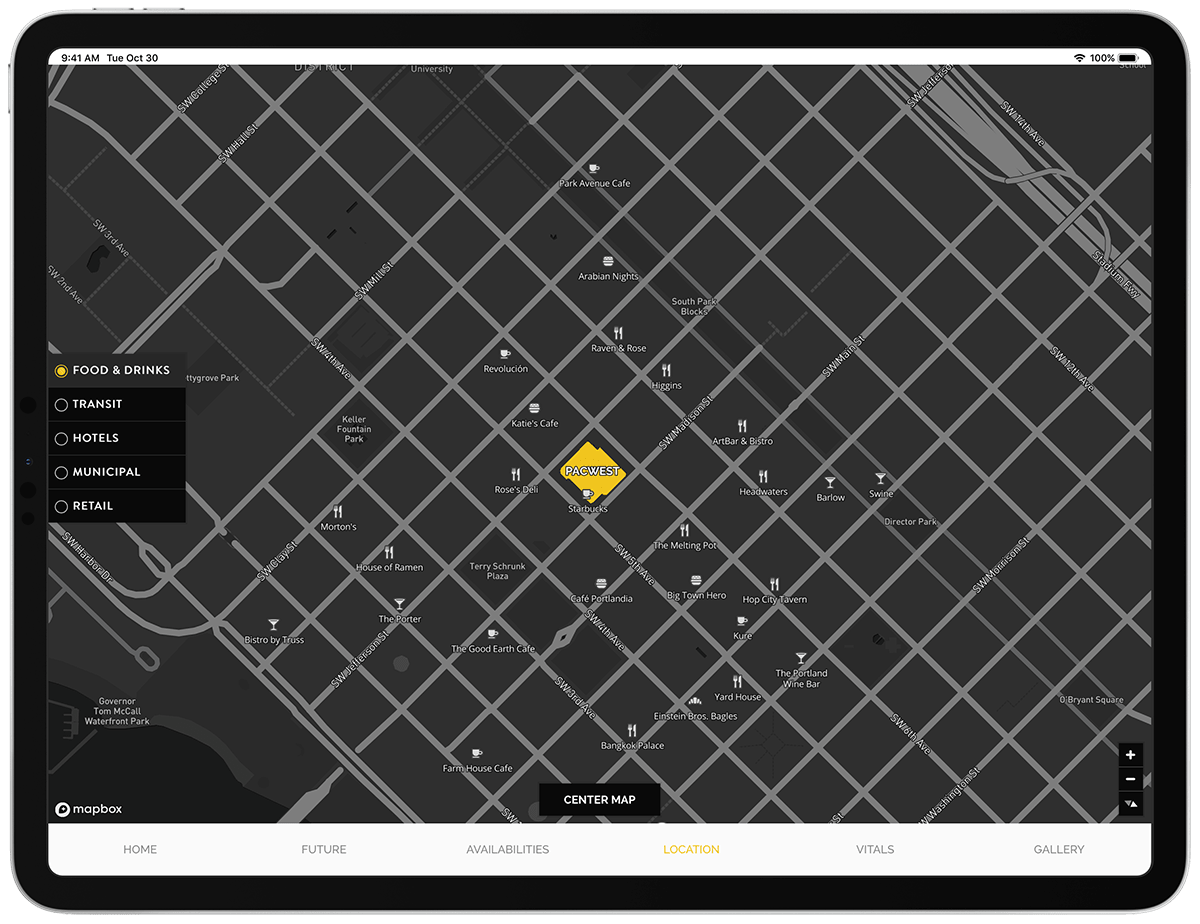 Interactive map highlighting amenities in the area using Mapbox